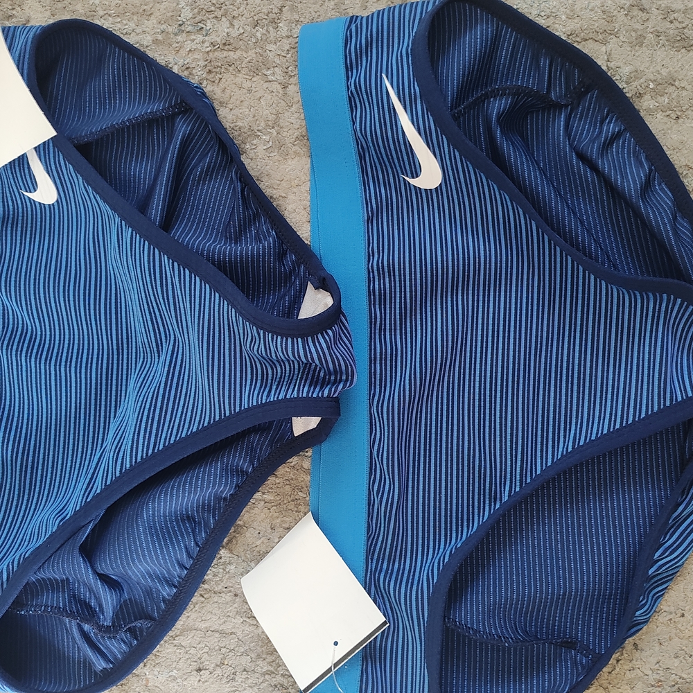 2 New Nike Bikini Swim Bottoms With Blue Striped. Size Large And New With Tags